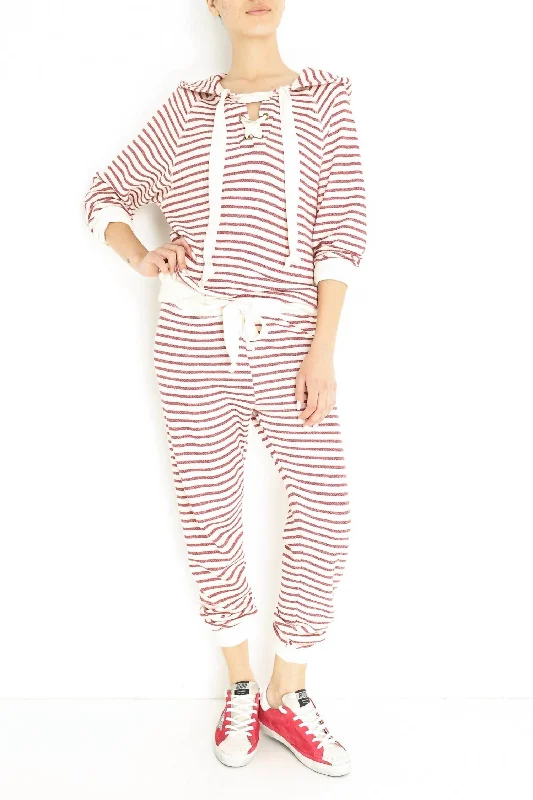 women's elegant pantsThe Tie Sweatpant In Brick Red Stripe