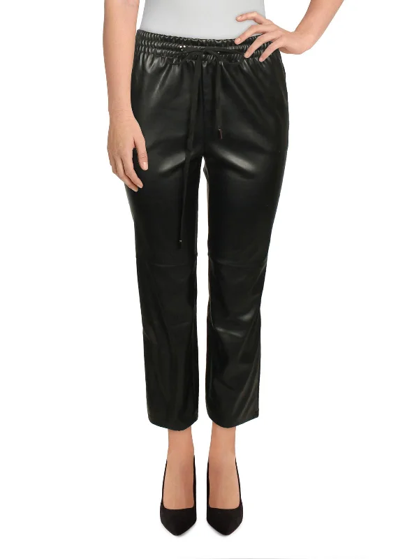 women's solid-color pantsWomens Faux Leather Seamed Straight Leg Pants