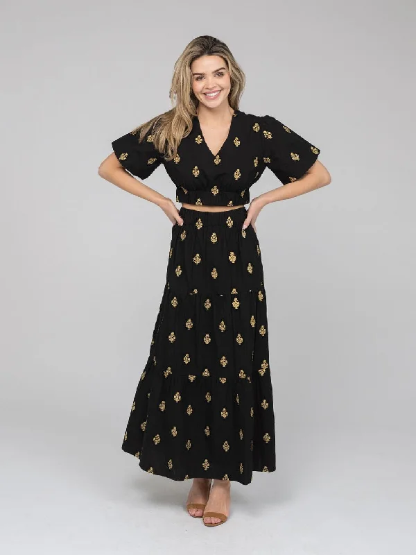 women's high-slit skirtsThe Abby Skirt | Gold & Black Embroidery