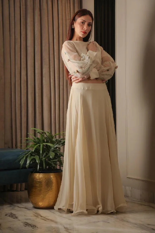 women's high-slit skirtsOmana by Ranjan Bothra's Beige Satin Organza Skirt Set - Rent