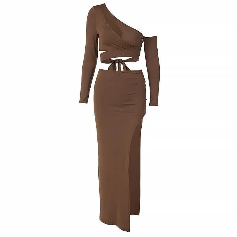 women's zip-front midi skirts for eventsBerryBetty - Asymmetrical solid long sleeve self tie skirt set