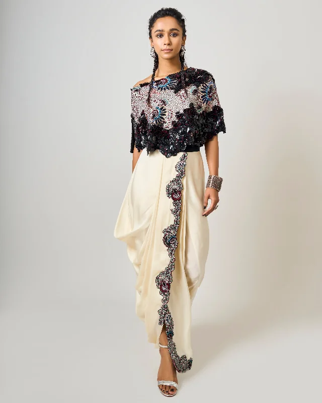 women's linen skirtsBlack Hand-Embroidered Off-Shoulder Cape With White Sari Skirt Set