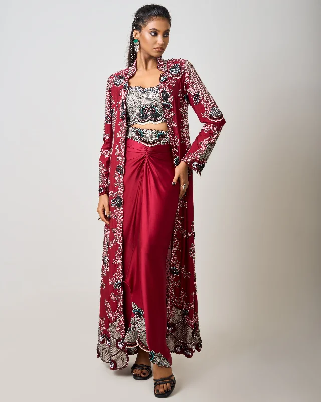 women's polyester skirtsBurgundy Hand Embroidered Long Jacket With Pick Up Skirt Set