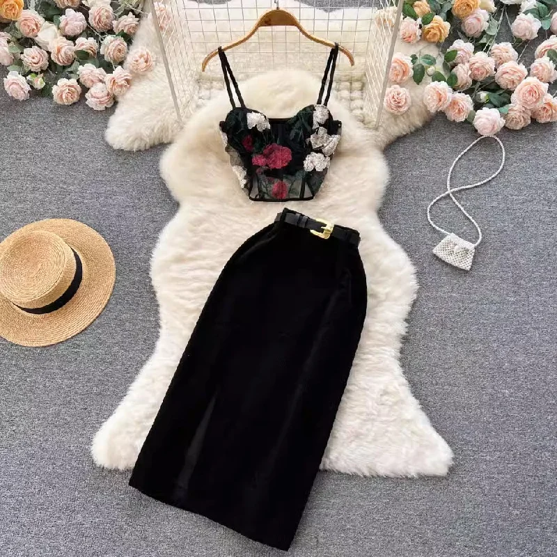 women's casual skirtselegant women's mesh lace strap tube top + corduroy skirt two-piece set     S4545