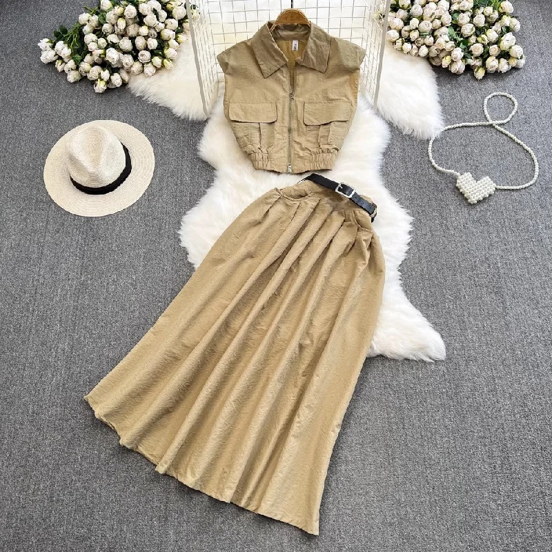 women's elastic waist skirtsFashion Suit Women's Sleeveless Shirt Two-piece Set A-Line Skirt     S4158