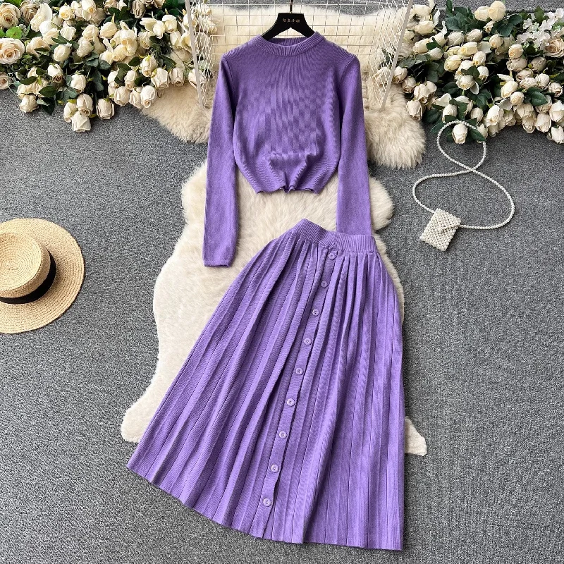 women's lace skirtsknitted fashion suit for women round neck T-shirt + pleated skirt   S4580